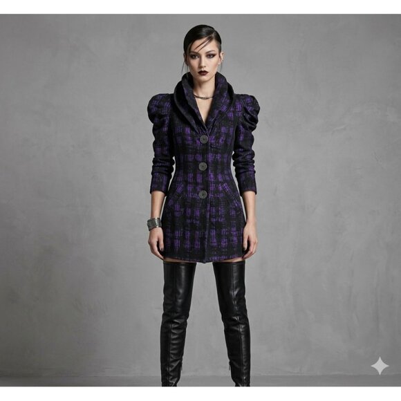 Samuel Dong Jackets & Blazers - Samuel Dong Womens Purple & Black Plaid Puff Sleeve Coat Size S
